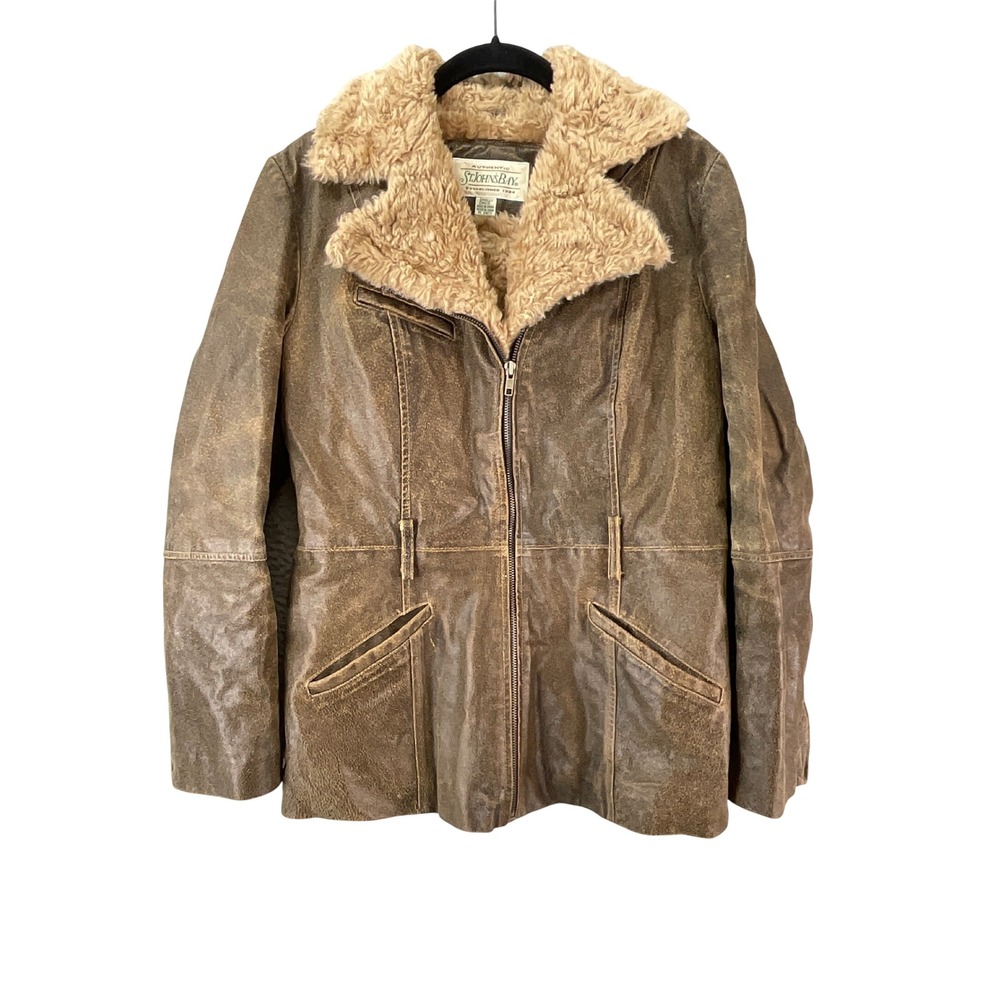 St. John's Bay Leather Jacket Womens Small Brown Excellent Faux Shearling Moto